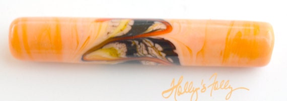 Webs We Weave - Glass bead lampwork orange black coral barrel Halloween barrel