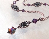 Purple Crystal Necklace, Aurora Borealis Crystal Pendant, Antique Copper Filigree