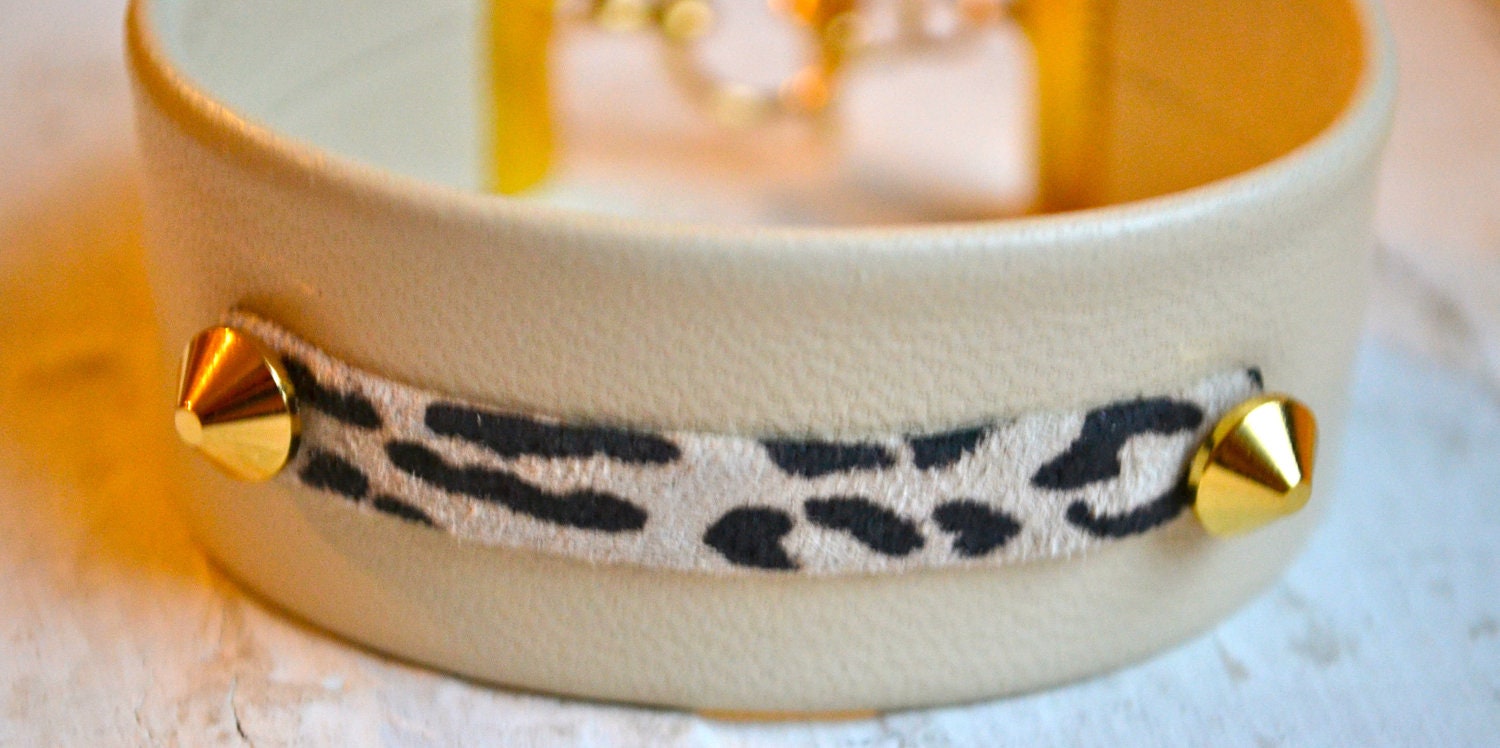 ivory lambskin leather with black white leopard ID tag and mini gold spikes bracelet