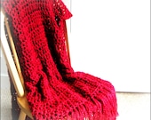 Throw Blanket Crocheted with Fringe- Lap Size Rich Red Blanket, Afghan, Home Decor, Bedroom, Red Accent Interior Decor