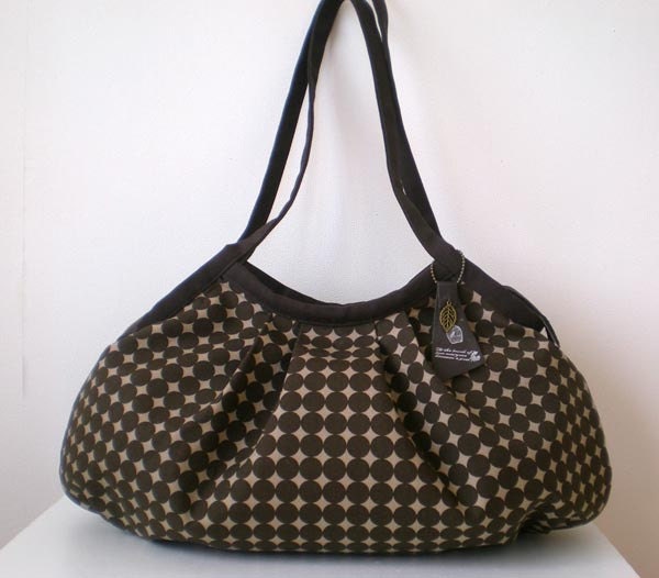 Zippered Extra large Canvas granny bag with a leather charm, Dark brown Dots