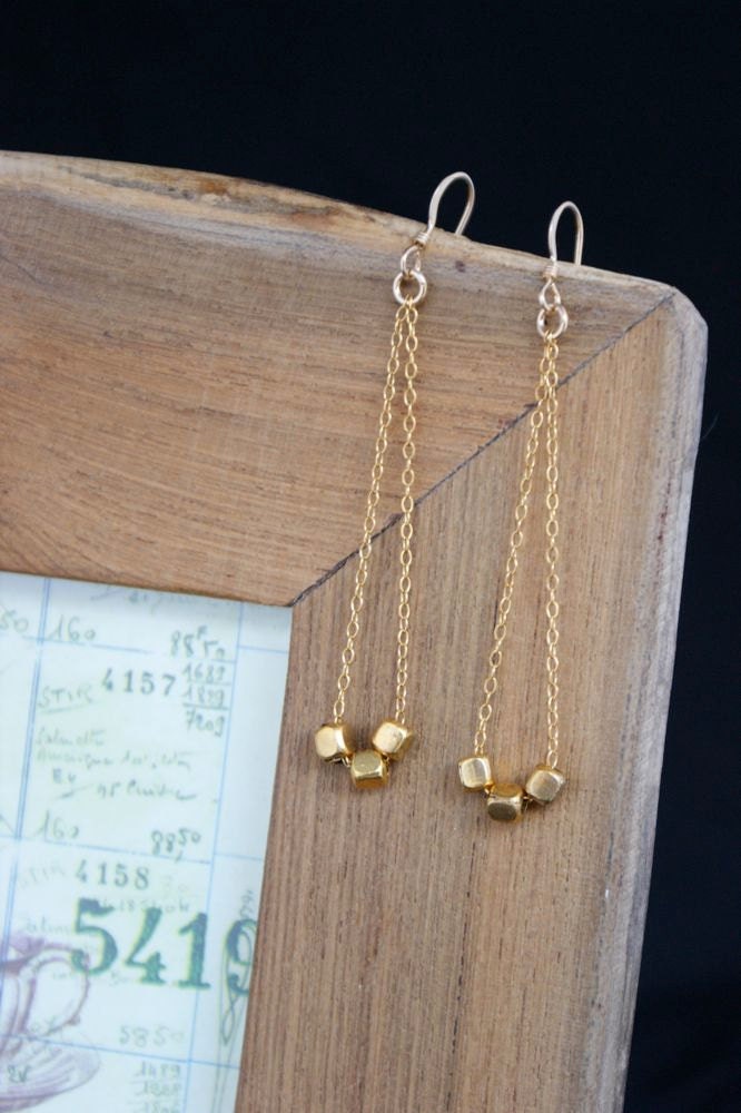 Gold Earrings, Dangle Earrings, Dainty Jewelry, Simple Modern, Three Wishes Earrings, Thin Gold Chain