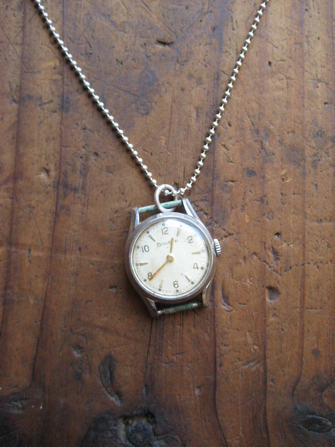 Charms on Chain, Vintage Bulova Watch face charm on base metal chain, Reclaimed Upcycled Gifts under 20 Gifts for Her