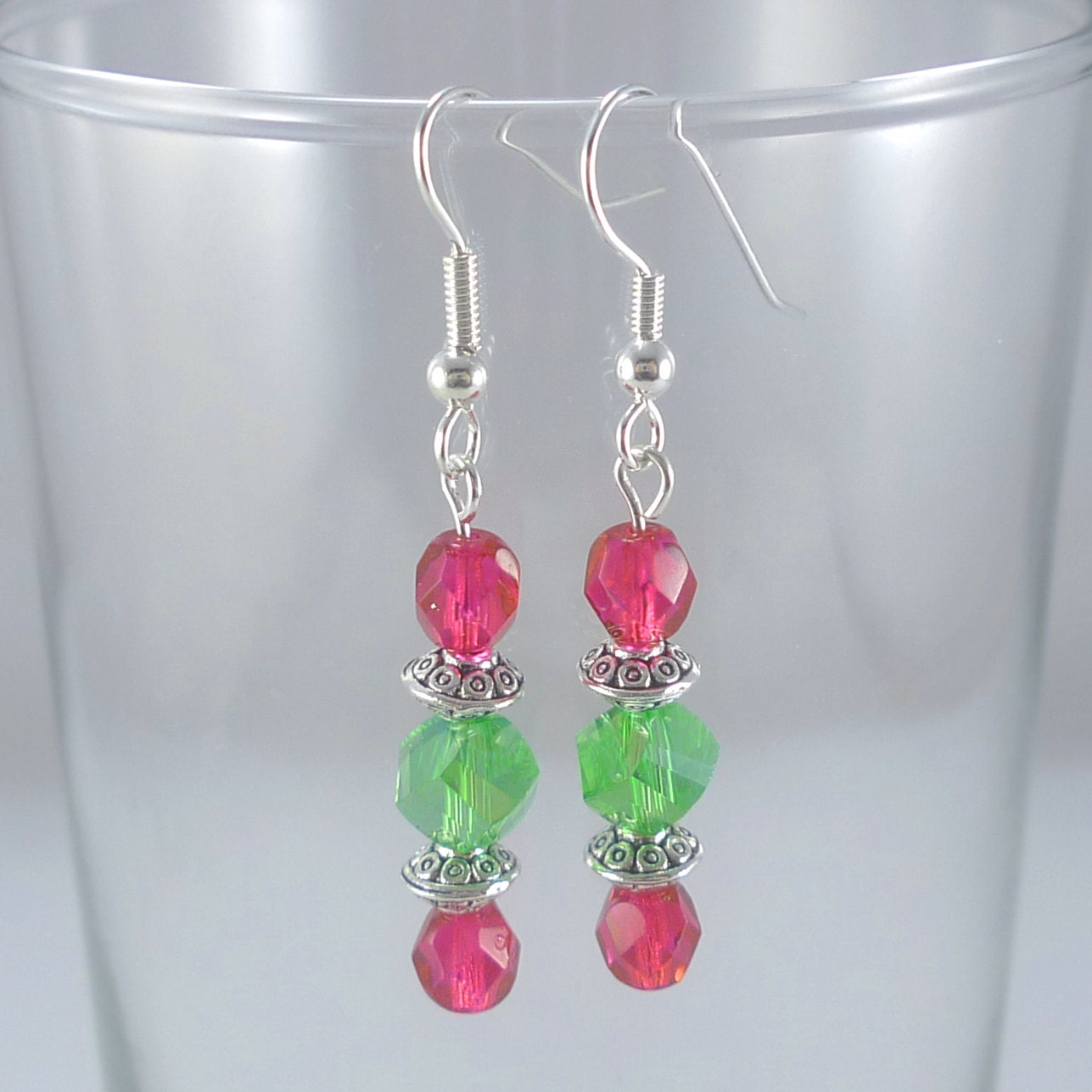 Hot Pink and Green Crystal Earrings