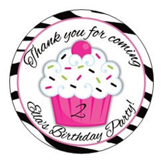 Set of 24 round Cupcakes and Zebra Prints Birthday Party Stickers Favor Tags Il_570xn