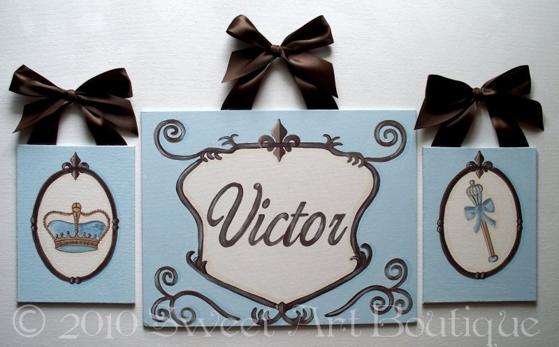 Light Blue Brown Scroll Crest Custom canvas letter name sign wall art baby nursery HANDPAINTED boy crown sceptor elegant