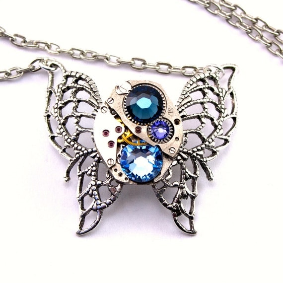 Steampunk Necklace - A Vintage Clockwork Butterfly & Light Sapphire Blue and Montana Swarovski Crystals - PROMPTLY SHIPPED Steampunk Jewelry