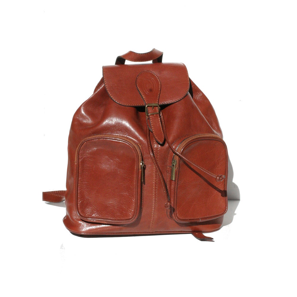 Chocolate Cosmo Red Brown Leather Front Pocket Backpack Bag