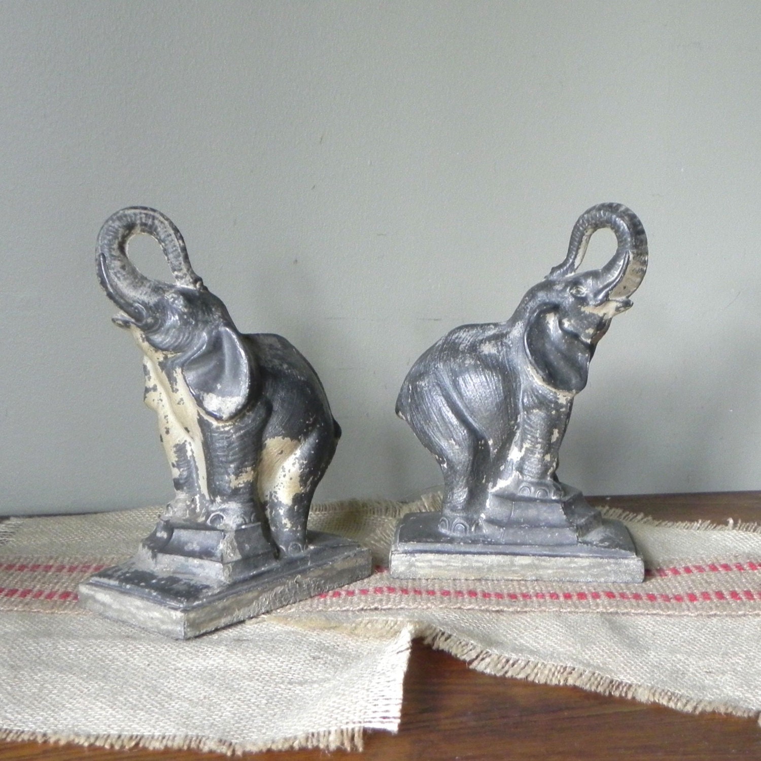Vintage cast aluminum elephant bookends with great patina or pot metal chippy paint rustic