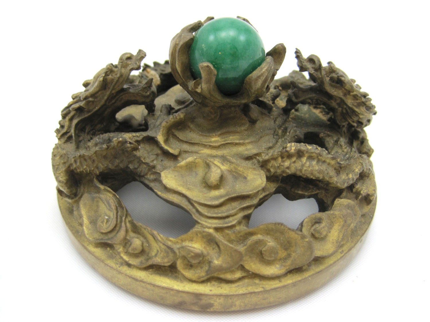Antique Brass Dragon Paperweight - Jade
