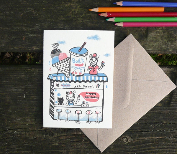 Beach ice cream- hand printed birthday card