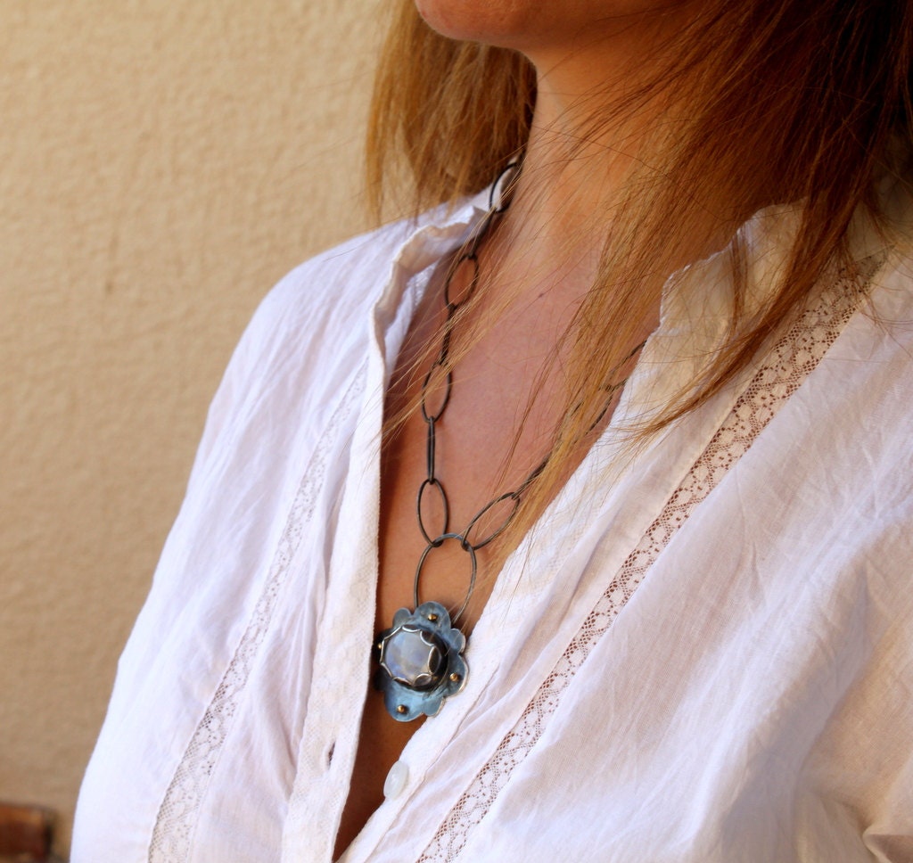 Moonstone Necklace Botanical Statement Necklace With Oxidized Sterling Silver Thick Chain and 18k Gold Dots