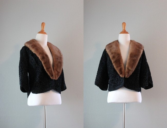 1950s Fur Collar Jacket / Vintage 50s Jacket / Black Fur Trimmed Topper