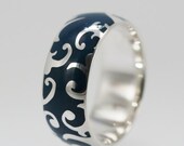 Platinum Wedding Band with carved pattern and filled with Blue colored Enamel OOAK