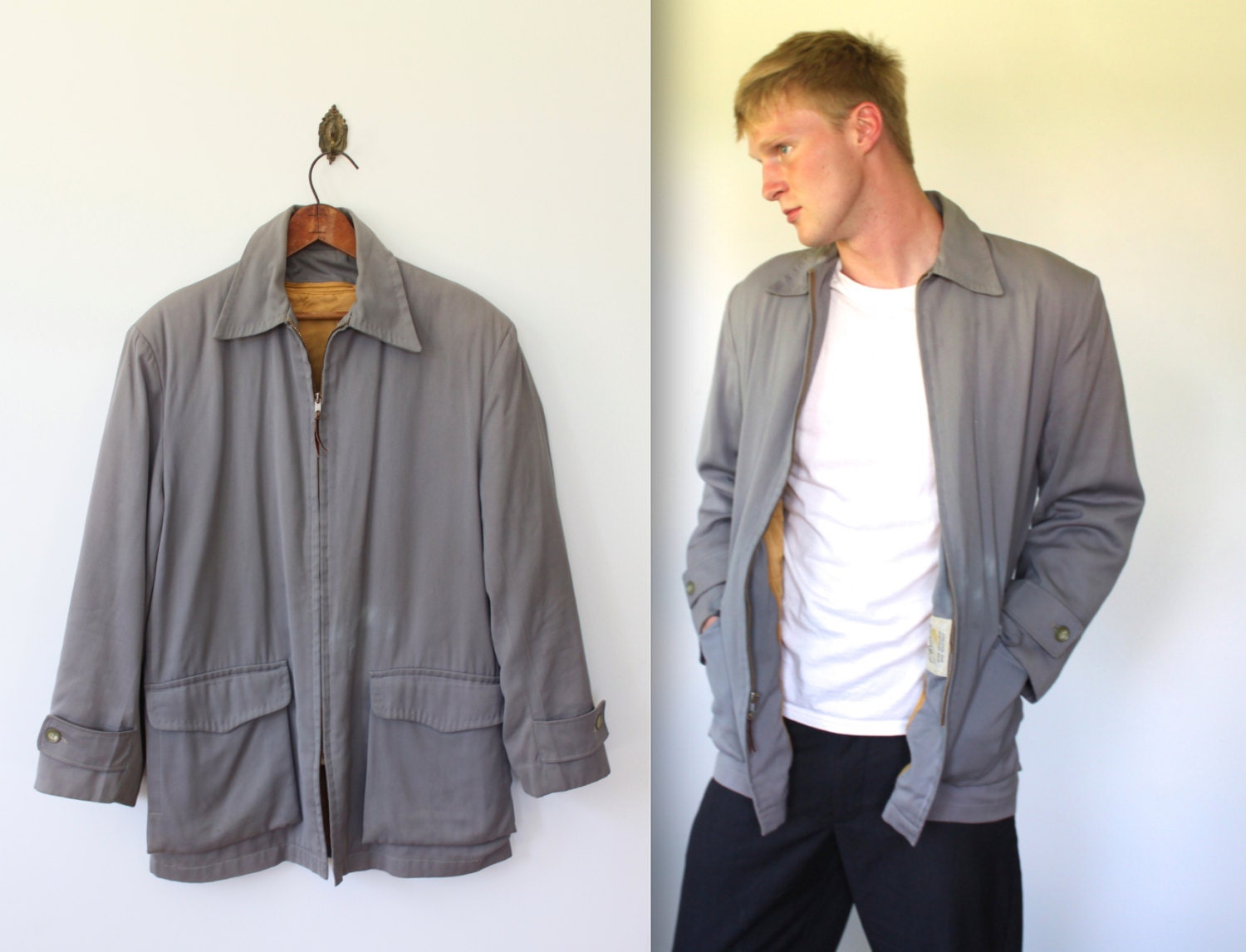vintage 1940s gabardine jacket. Men's small / med. 40s Airman. Steel gray. Mustard gold lining. Zip out liner. WW2 era / the SWELL PIE coat