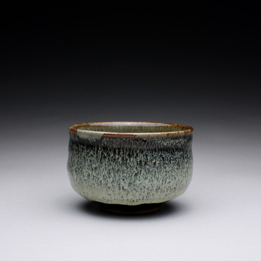 matcha chawan - tea bowl with black tenmoku, ash glaze and blue/grey celadon glazes