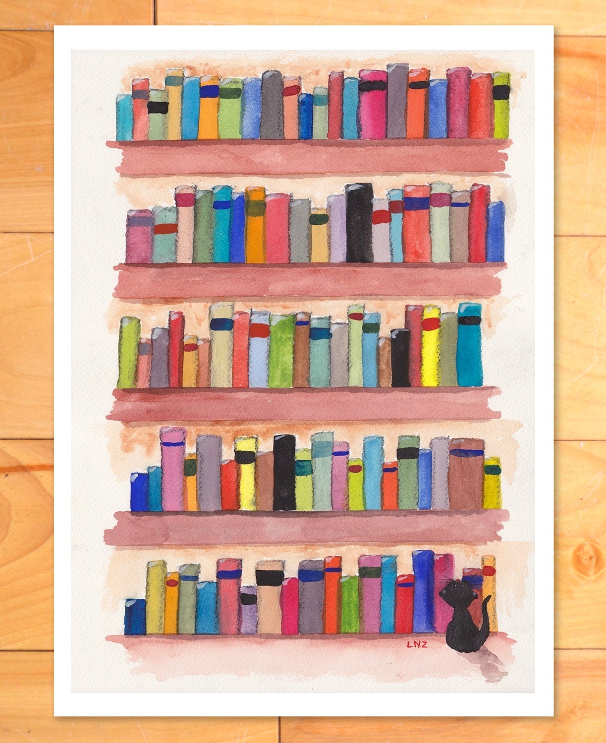 Modern Wall Art, Wall Decor, Library and the Cat - Art Print of Original Watercolor