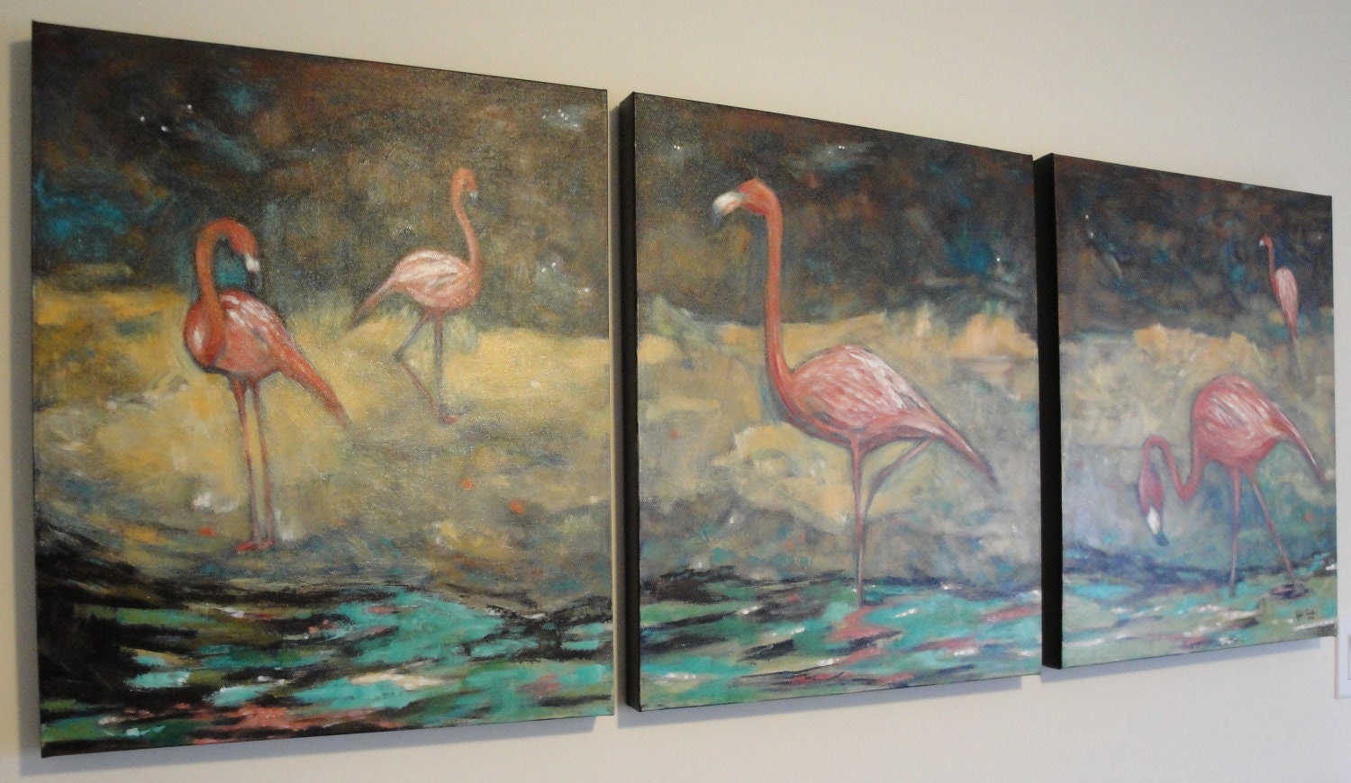 Sale - Large Acrylic Flamingo Triptych 24 x 60 inch Painting on Canvas by Robin Pocisk