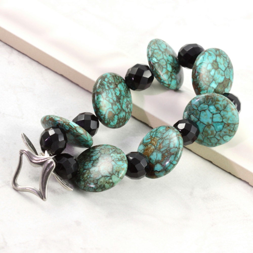 Turquoise Bracelet Black Green Blue Mosaic Turquoise Chunky Southwest Jewelry Style