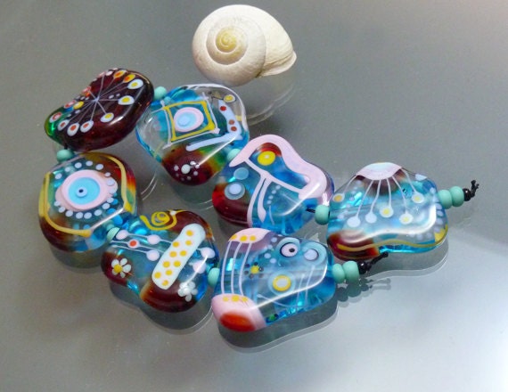 Melanie Moertel Lampwork Beads - Handmade glass bead set of 7, free formed and flat - "North West Pacific"