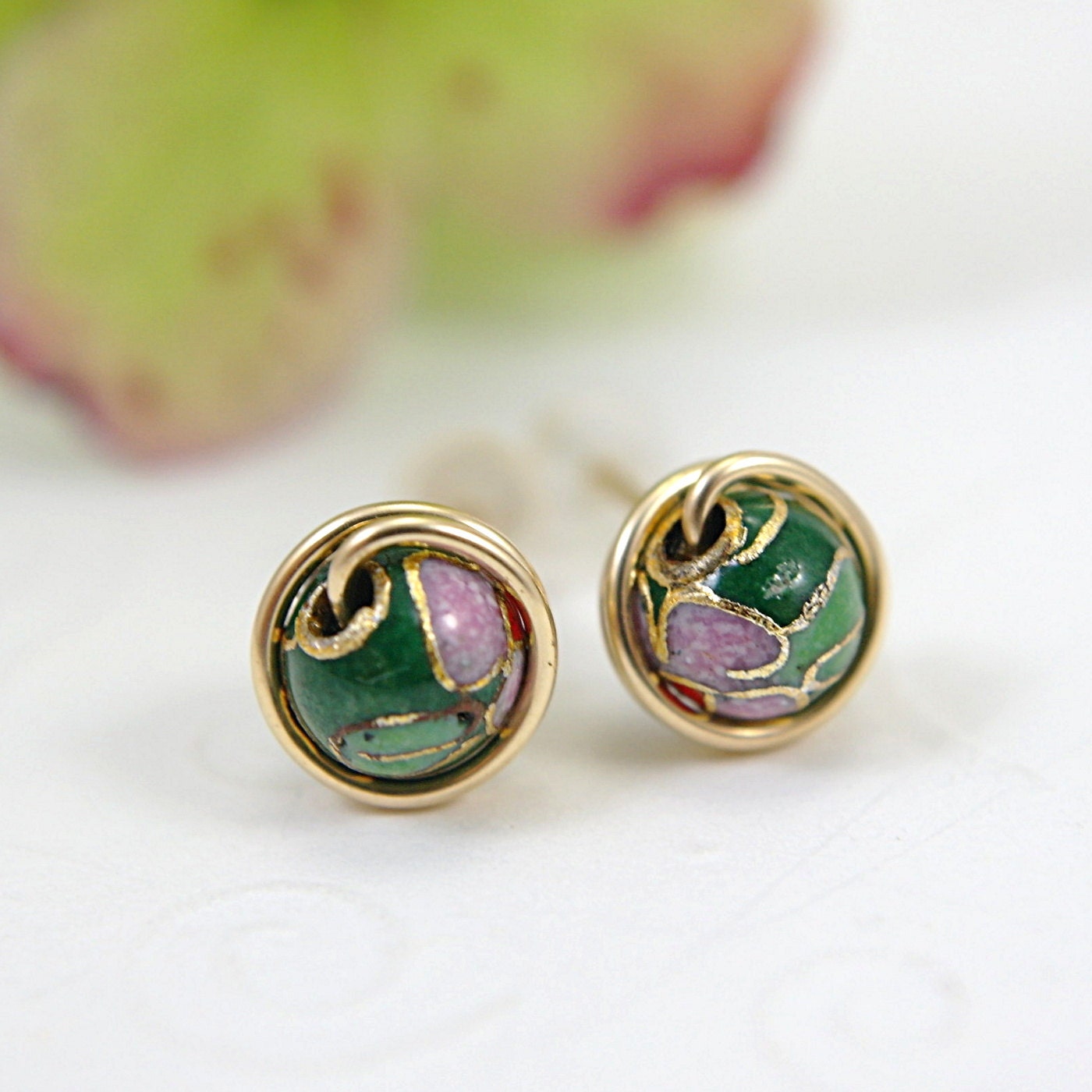 Green cloisonne post earrings gold filled medium flowers