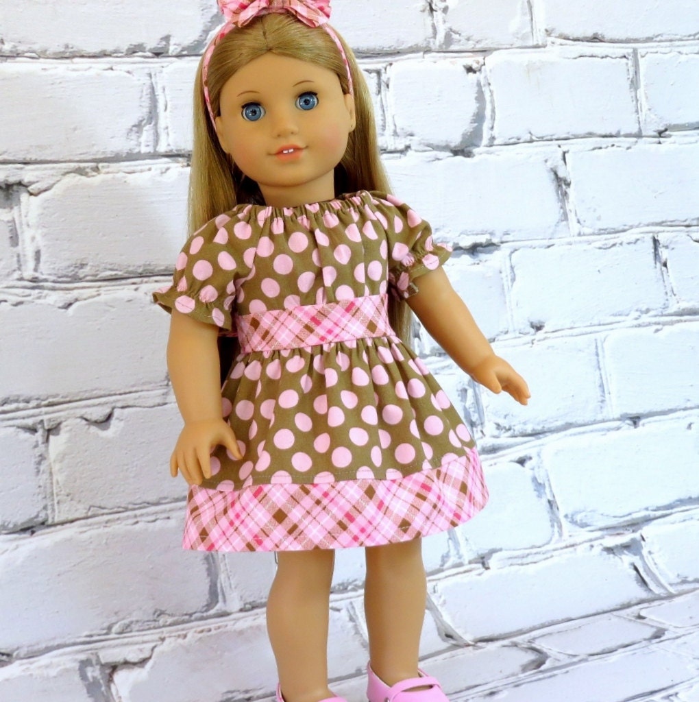 American Girl Doll Clothes Pink Polka Dot Plaid Dress and M2M Headband
