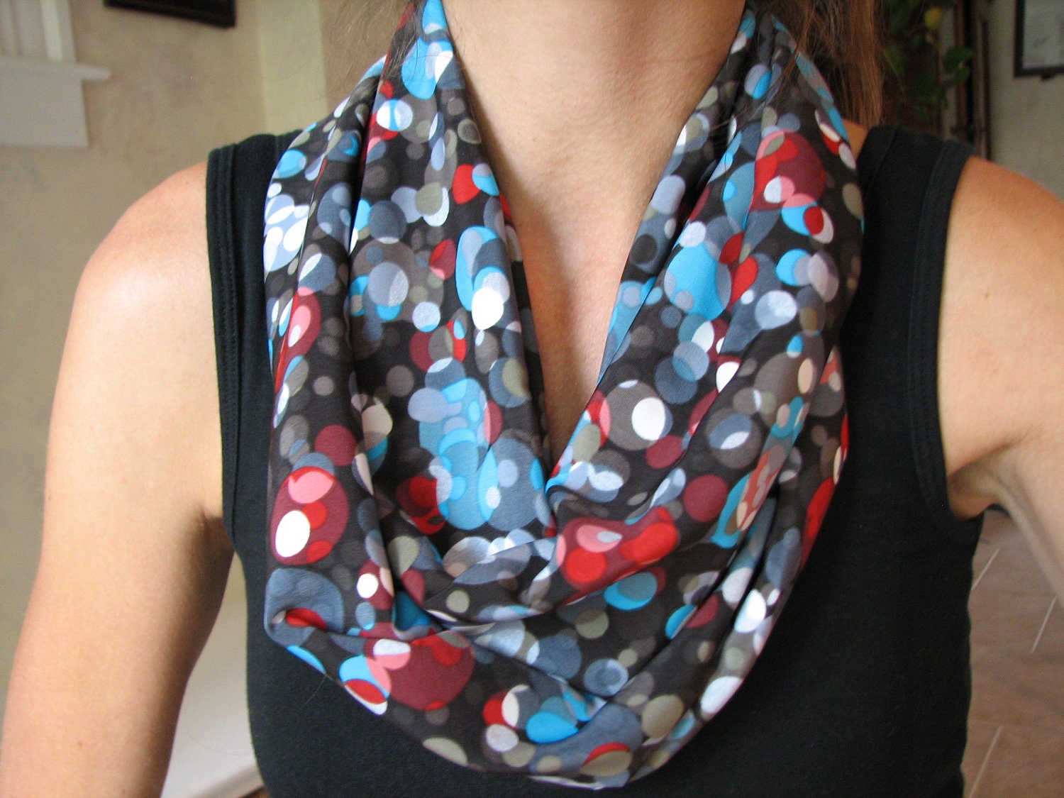Modern Black Teal, and Red Dot Infinity Scarf