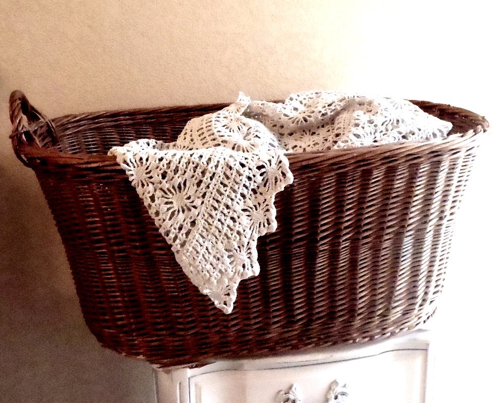 Vintage French Round Wicker Laundry Basket by vagabondsandcaravans