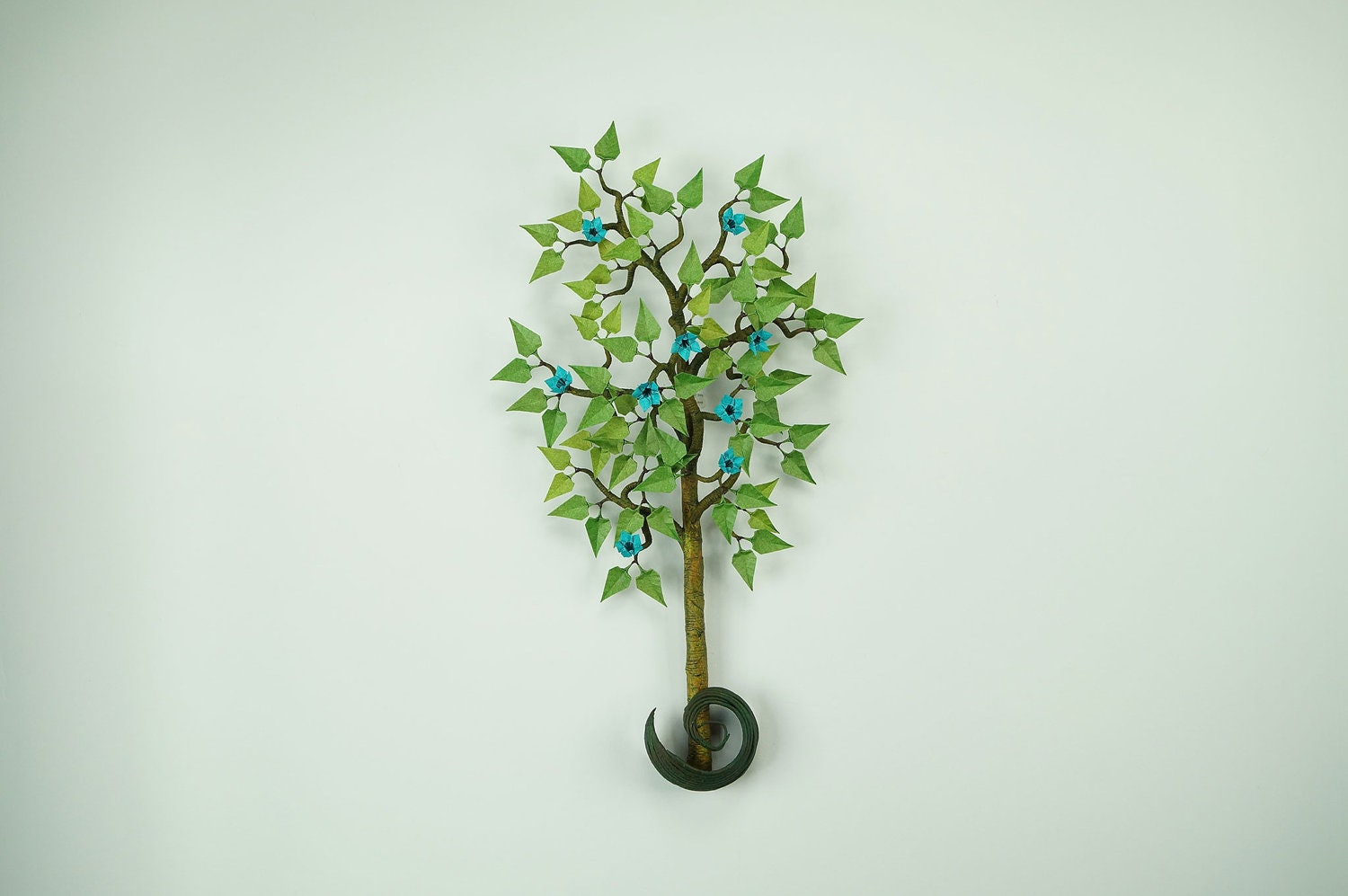 Tall Origami Bonsai with Tiffany Blue Flowers and Green Leaves