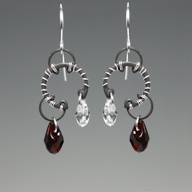 Mars II v10: Modern industrial wire wrapped earrings with red Swarovski crystals