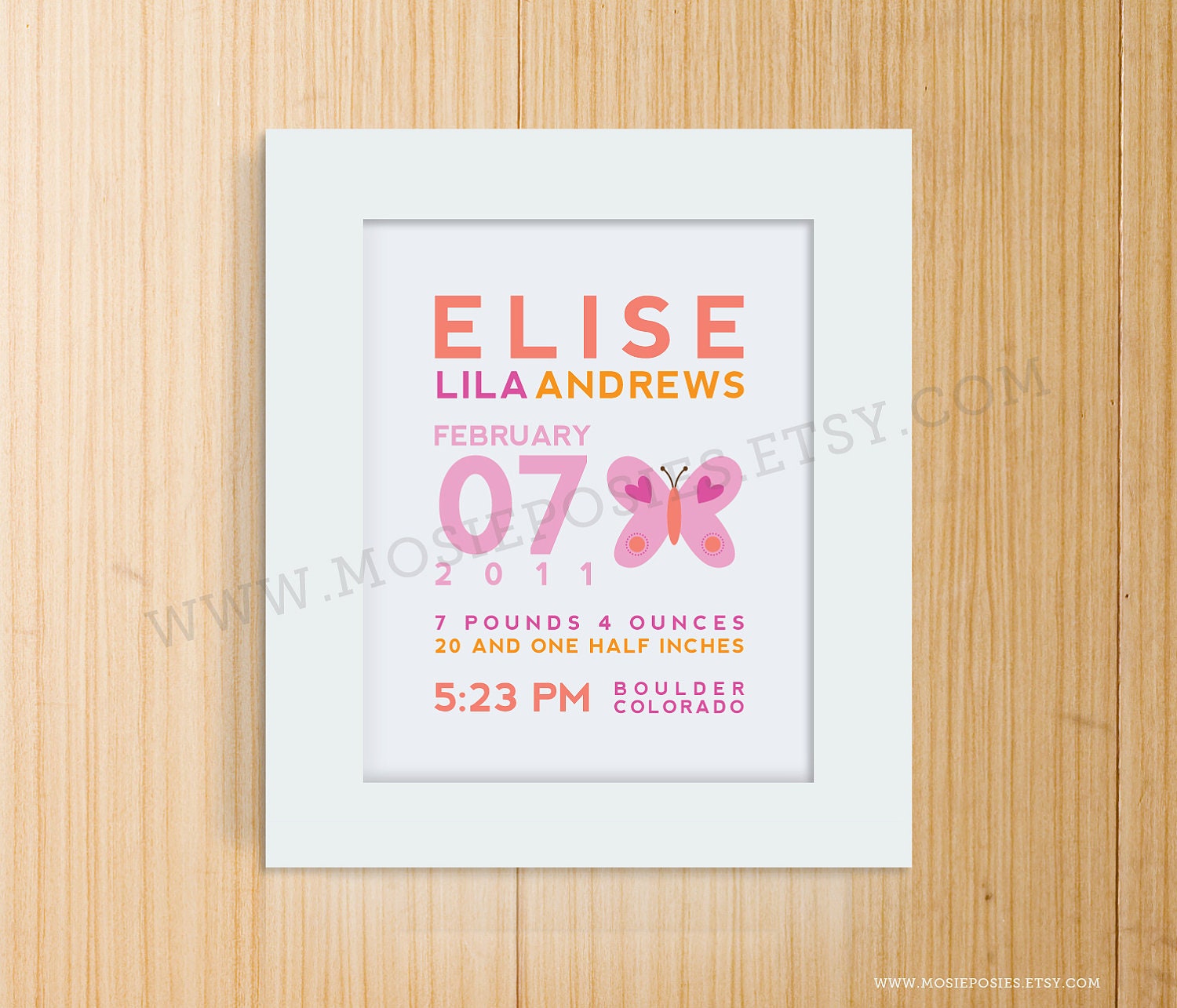 Custom Birth Announcement Print - BUTTERFLY Wall Art