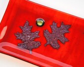 Red Orange Plate Set with Copper Oak Leaves and Gold Accents,  Fused Glass Plates, Home Decor, Decorative Plates, Sushi Set