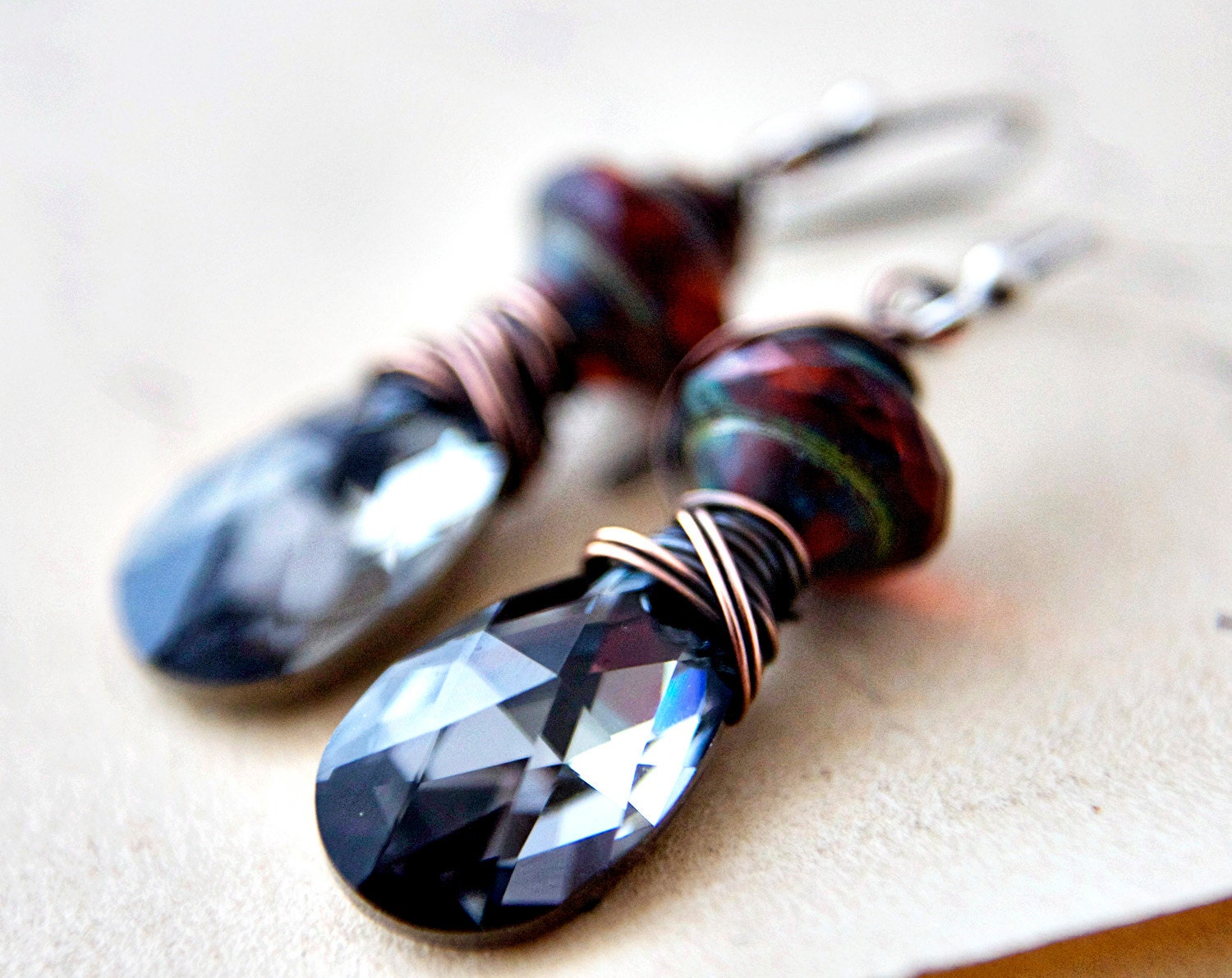 Pewter Night Earrings Czech Glass Swarovski Crystal Gunmetal Grey Platinum Copper Rustic Dangles