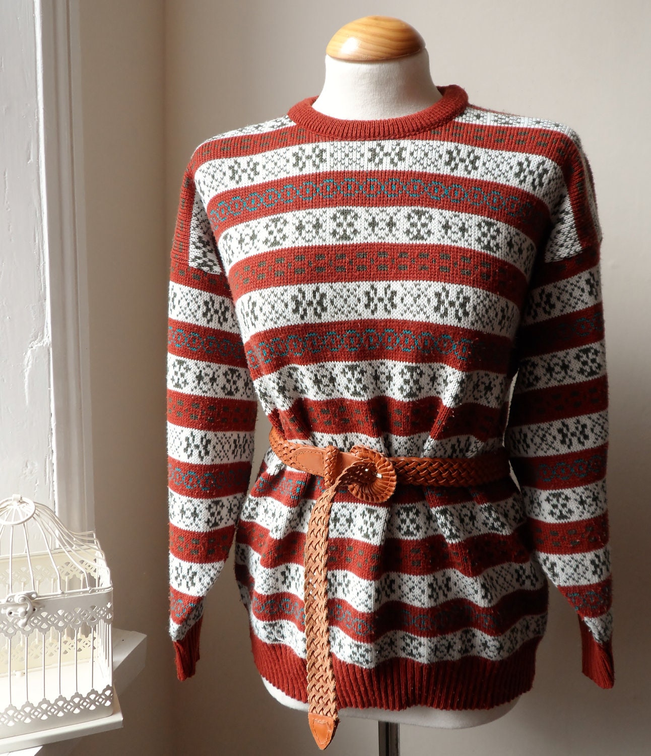 Beautiful Bohemian Rust Green Gray Striped Patterned Striped Sweater...Jumper Hipster Bohemian Woodland (Med to Large)