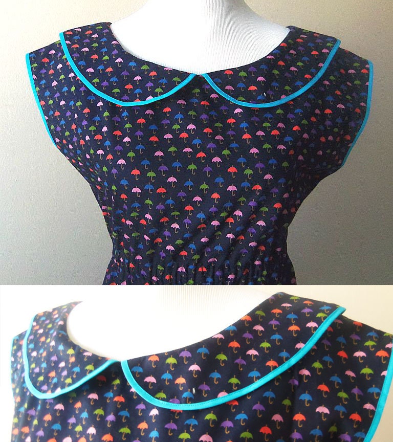 cotton vintage inspired retro pullover short cap sleeve dress peter pan dolly collar multi color umbrella print navy blue small S teal trim
