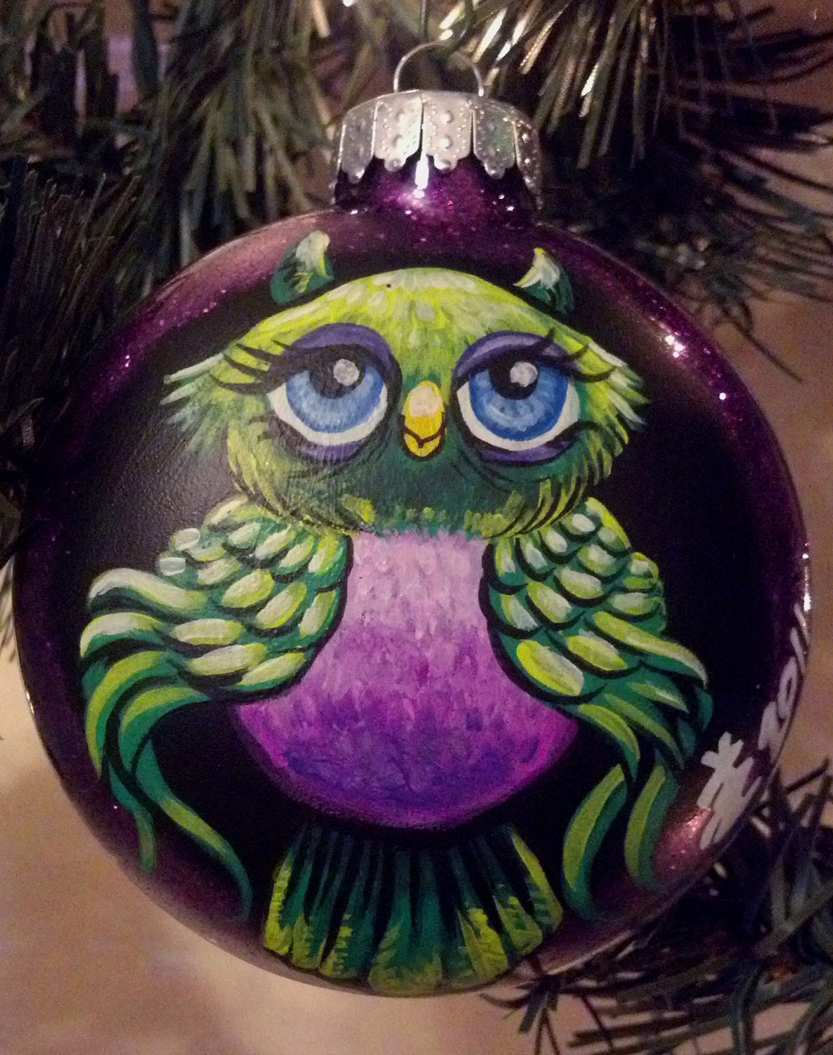 OOAK Beautiful Fanciful Owl Hand painted Ornament Lime Green and Purple Glitter