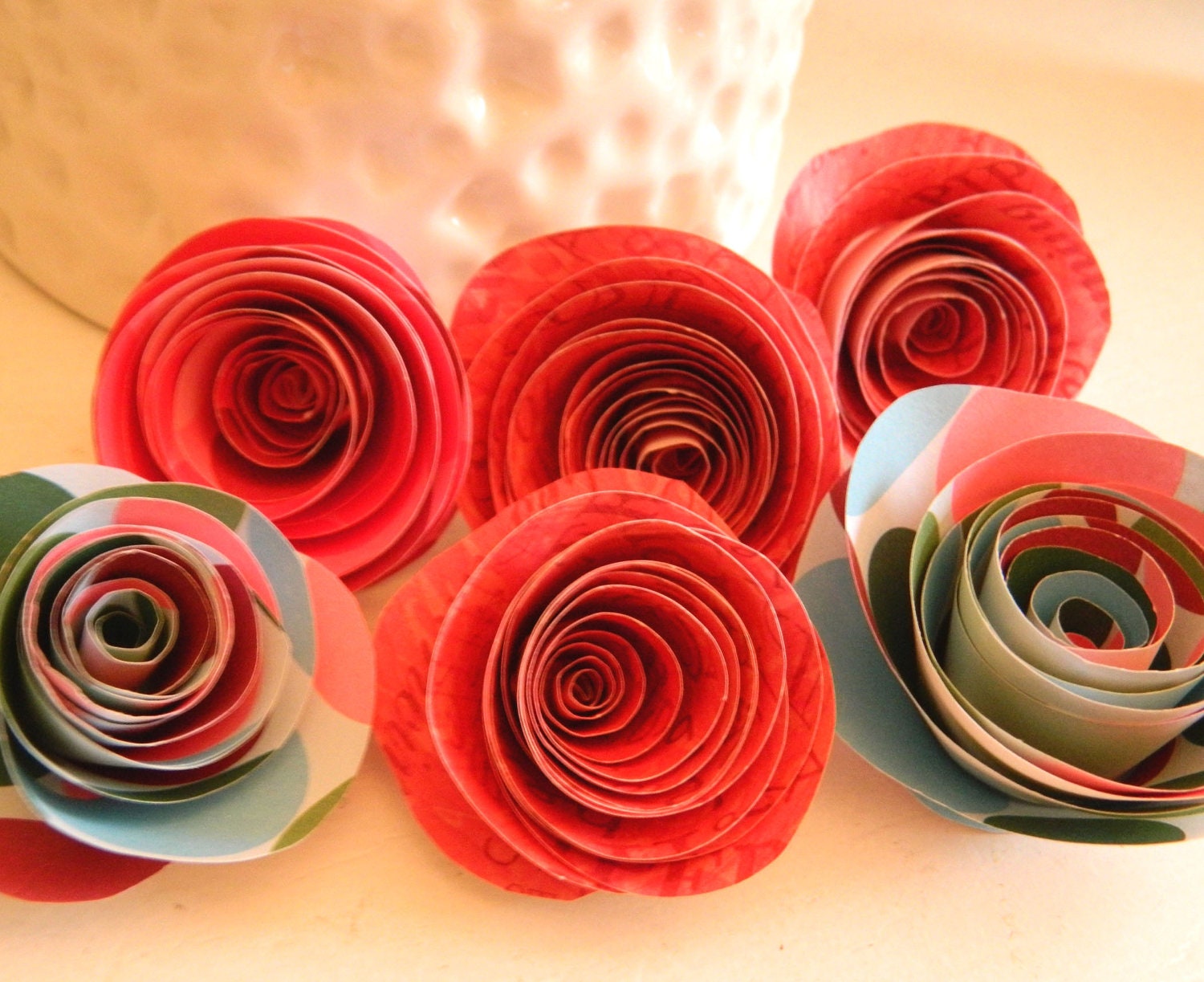 Set of 6 Rolled Paper Roses- pinks and blues