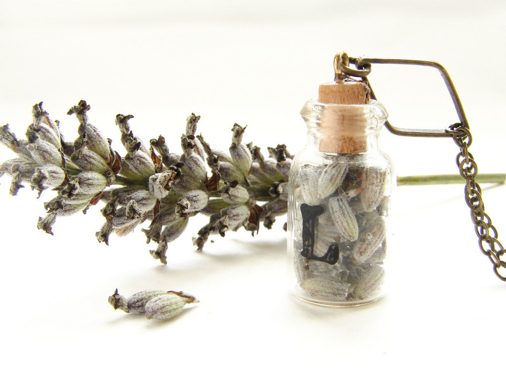 initial herb necklace, monogram bottle, Personalized foodie necklace, custom gift for foodie Lavender necklace