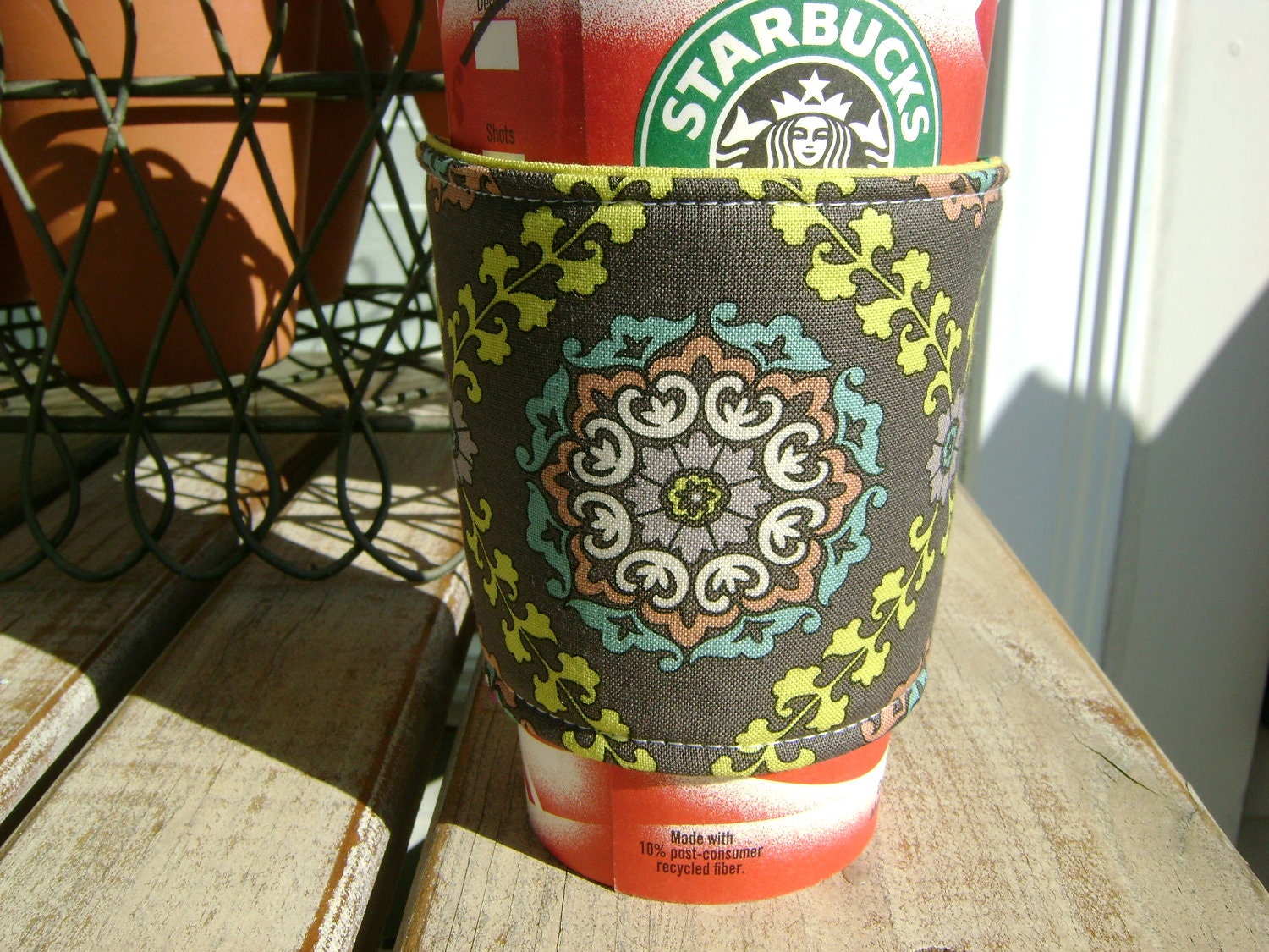 NEW - Coffee Cozy - Coffee Sleeve - Java Jacket - Grey and Citron Medallion - Slip On