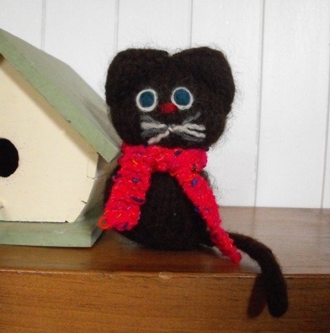 Baby Kitten Barn Cat Hand Knit Felted with Scarf