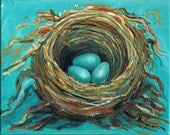 Nest Egg Painting blue eggs  8 x 10 inches acrylic on canvas    Ready to hang  Heavy texture
