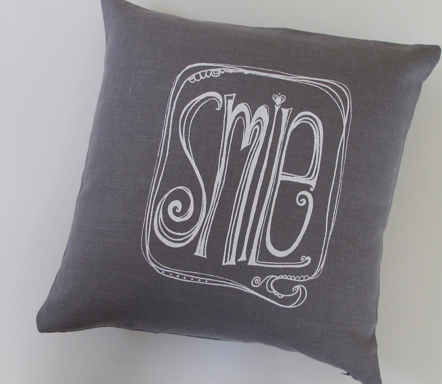 Pillow Cover - White SMILE on Dark Gray Linen- 16 x 16 inches by Sweetnature Designs