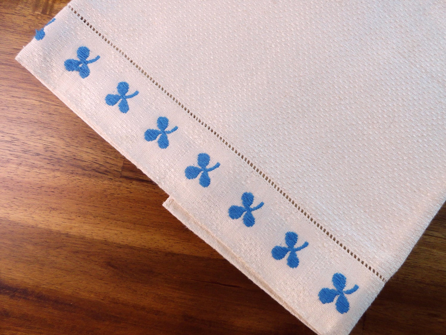 Clover Vintage Towel - Blue and White Unused Linen Kitchen Tea Towel