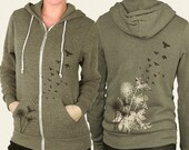Hoodie - Dandelion Art, Bird Eco Fleece Sage Green Zip Hoodie