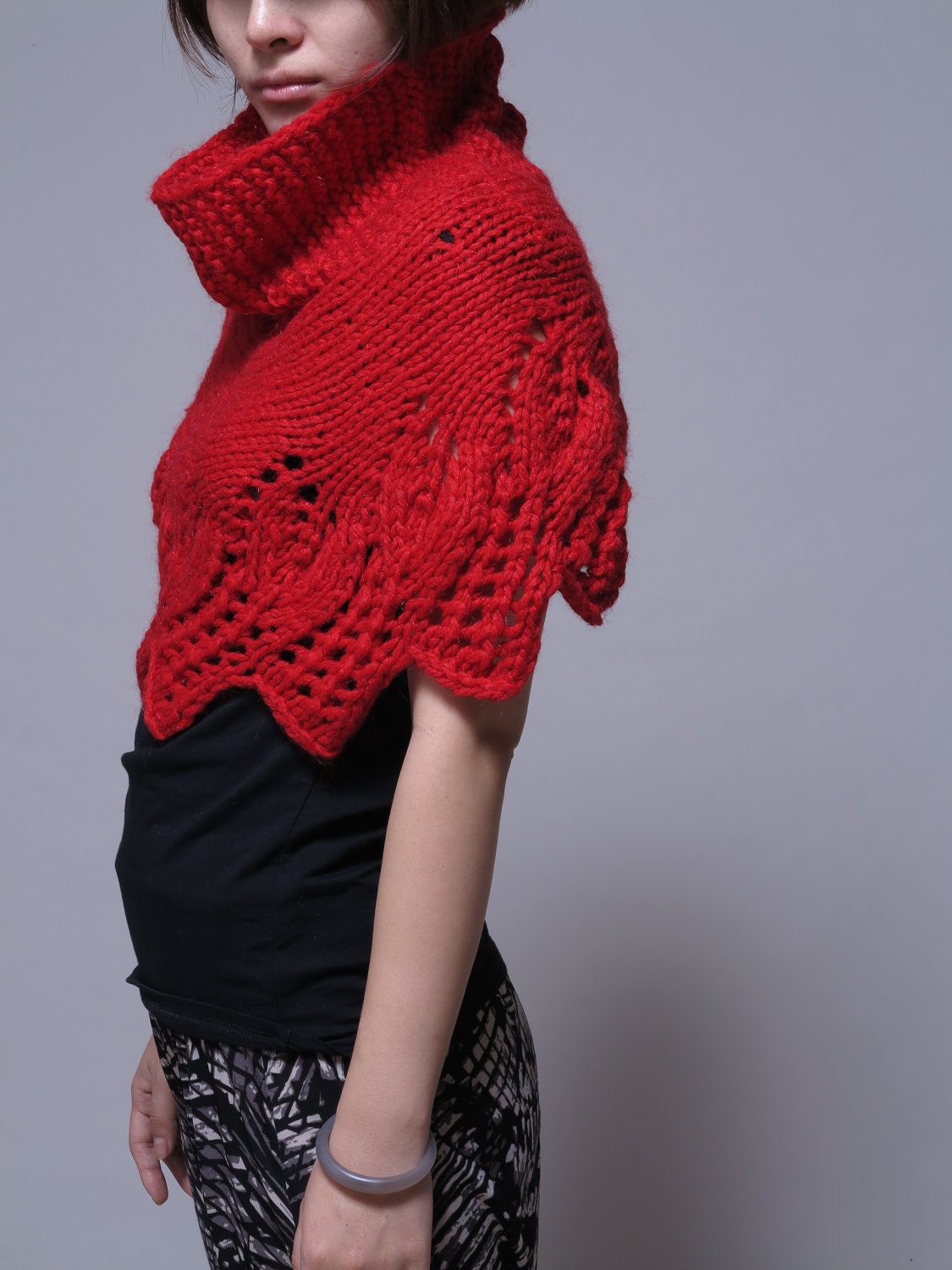 Hand knit sweater - capelet poncho scarf in Red weaving leaves pattern
