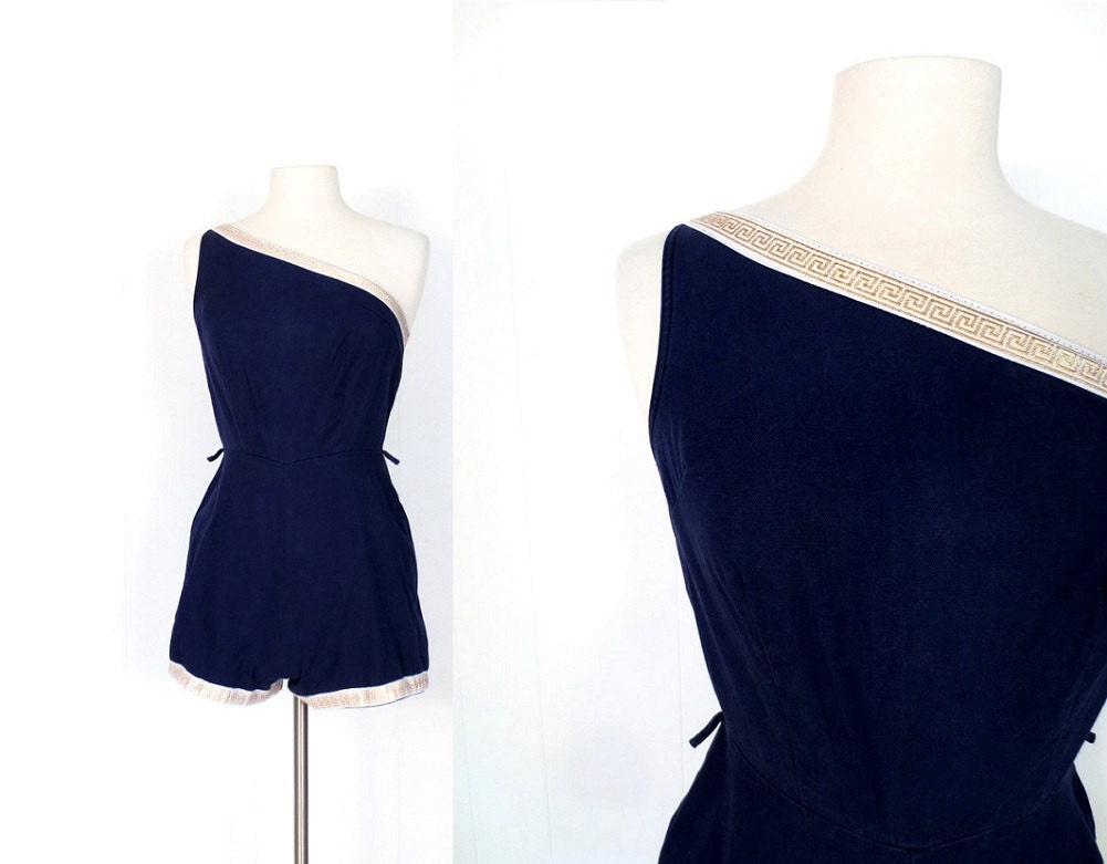 Vintage 1950s Romper / Grecian Goddess / 40s Playsuit / Navy and Gold / XS