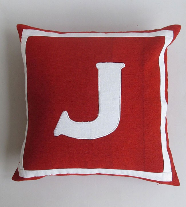Letter J dark red and off white monogrammed pillow cover 16 inch IN STOCK