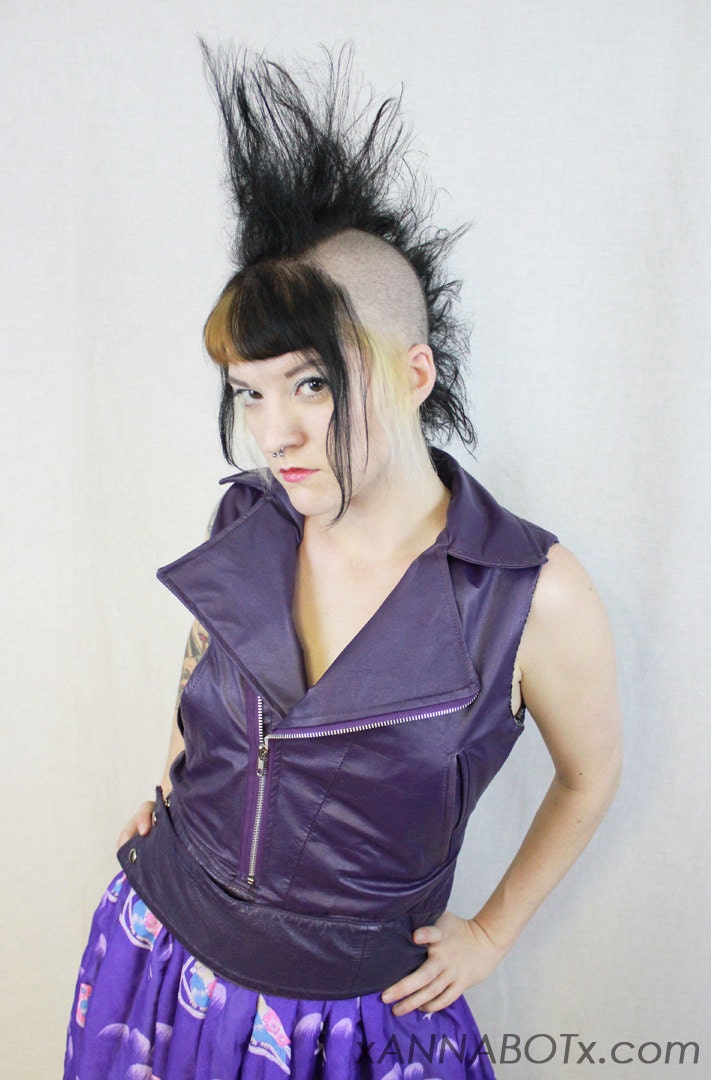 Purple Recycled Leather Motorcycle Vest - Black and White Plaid Moto Jacket - Punk Rockabilly Goth Metal