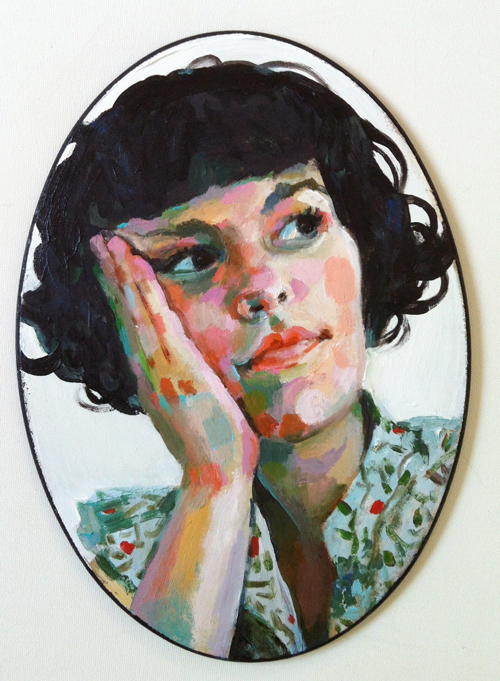 Jenny / original acrylic painting on ellipse shaped mdf / woman illustration / Painted flowers / Retro / Hairdo / Flowers