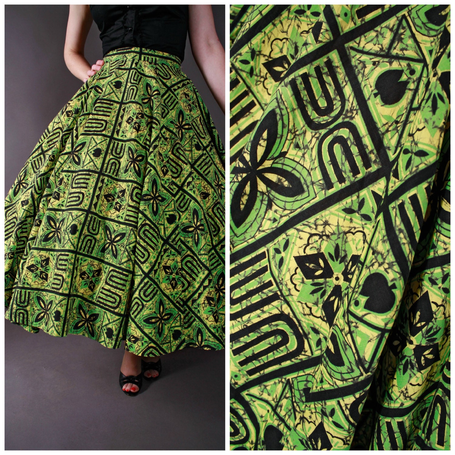 Vintage 1950s Skirt - Bright Lemon Lime Batik Print Circle Skirt by Betty Brooks
